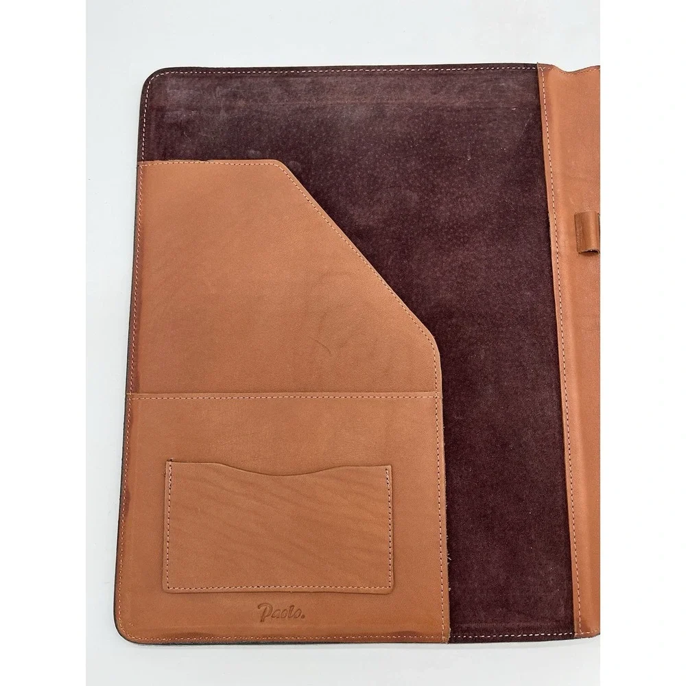 Paolo TAN BROWN REAL LEATHER ATTACHE PAPER HOLDER Used VTG 10x12.5
